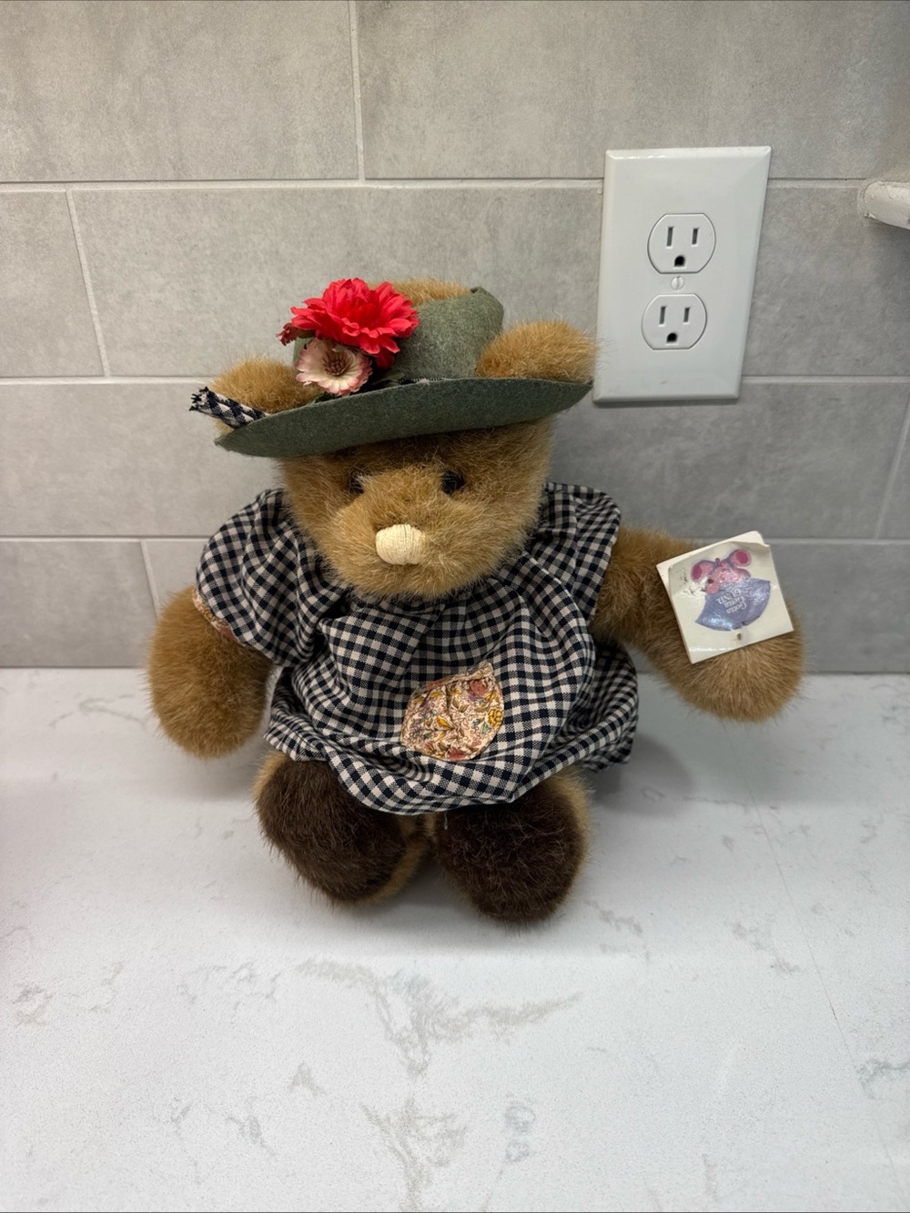 Vintage Gund Plush Brown Bear with Green Hat and Black Gingham Dress Bear Tales